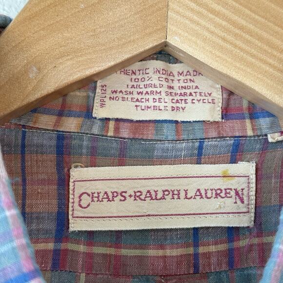 Chaps Ralph Lauren 90s Vintage Gauzy Light Button Plaid Shirt - Pink Mns Large - Picture 6 of 10